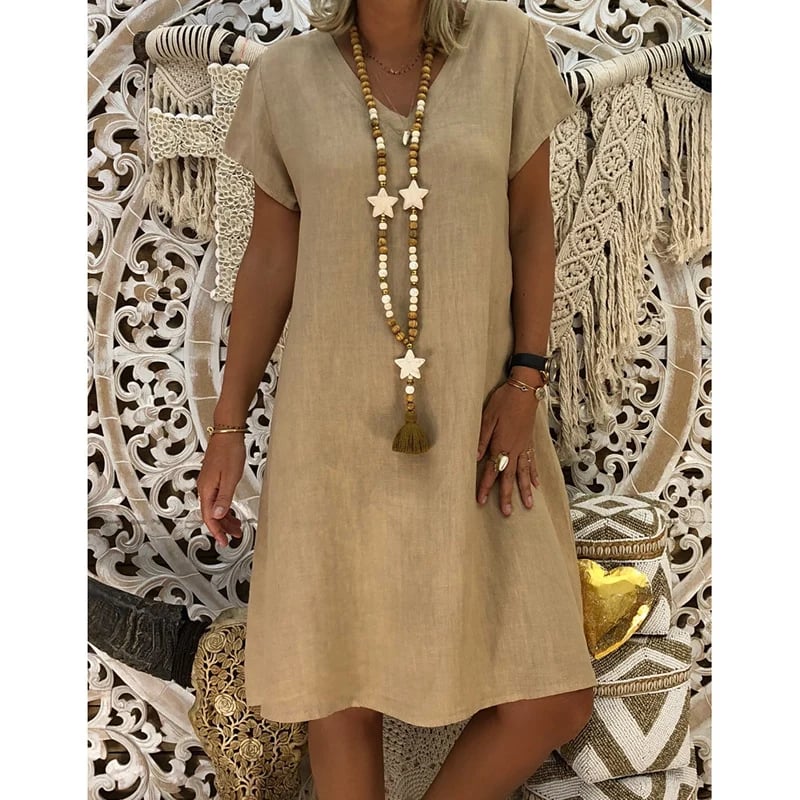 🔥49%- Cotton-Polyester Blend Dresses Casual V Neck Midi Dress🔥