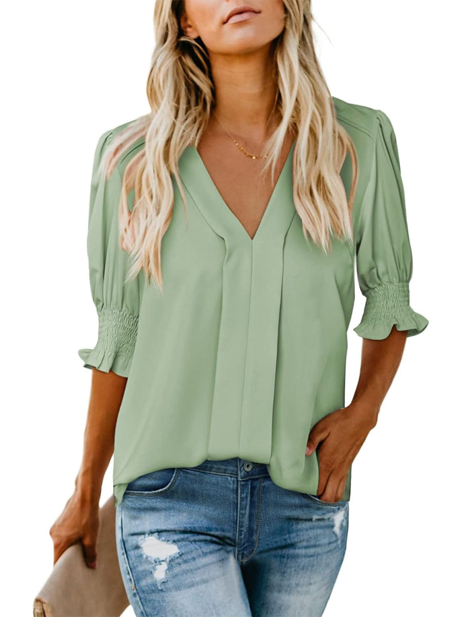 Women's Solid Casual V Neck Puff Sleeve Shirts (Buy 2 Free Shipping)