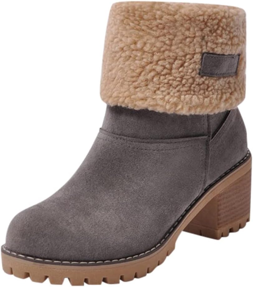 Women's Solid Color Fuzzy Boots, Soft Sole Chunky Heel Fleece Lining Boots, Winter Non-slip Snow Boots