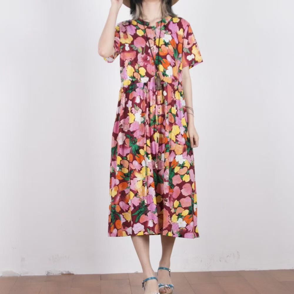 Italian Yellow Print Tunics O Neck Patchwork Loose Summer Dresses