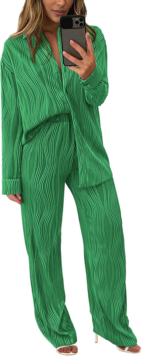 Women's 2 Piece Textured Sets Casual Button Down Shirt Wide Leg Pants Outfit Loungewear Tracksuit