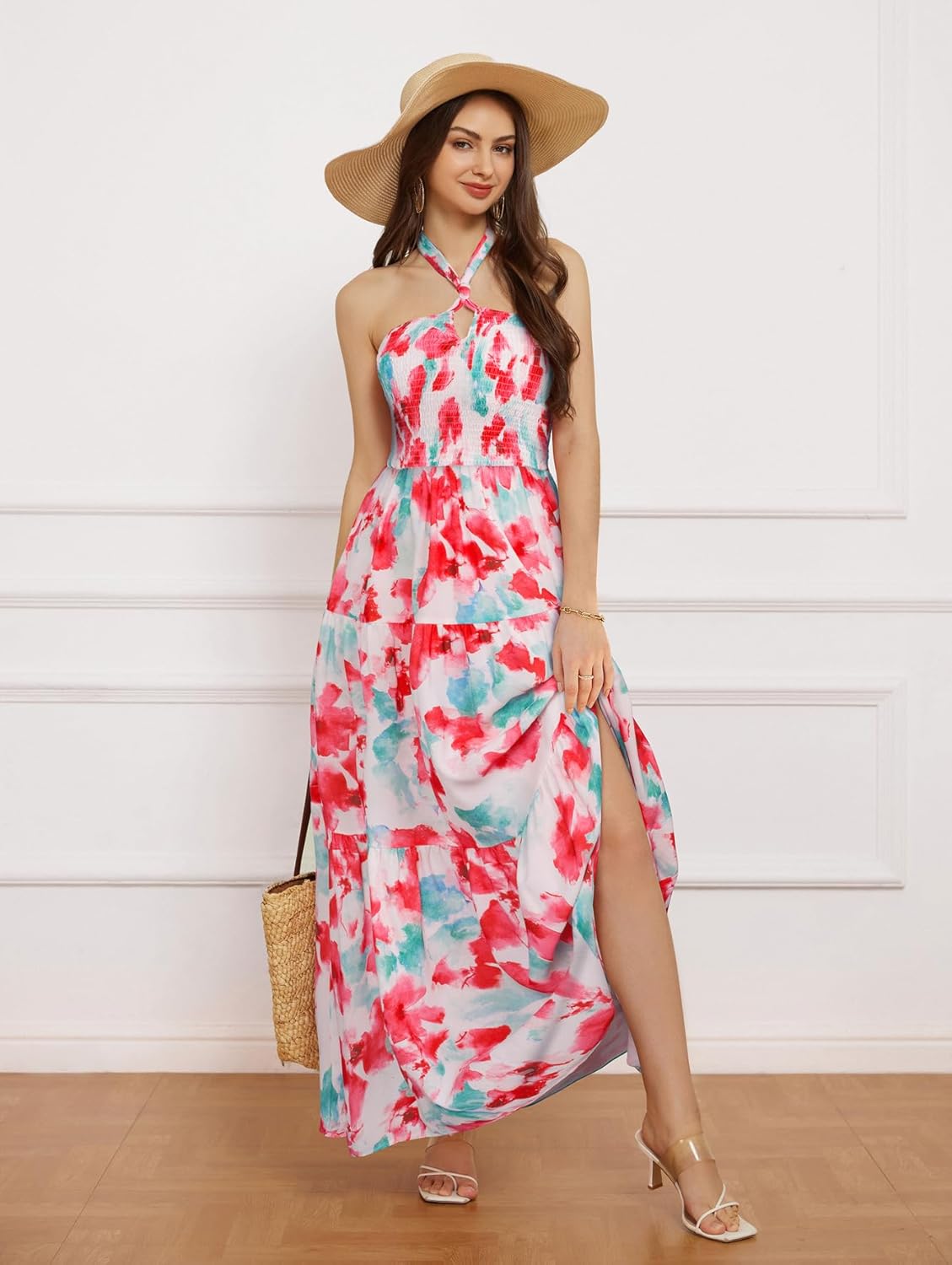 GRACE KARIN Women's Summer Dresses 2025 Halter Neck Sleeveless Smocked Backless Cut Out Floral Flowy A Line Maxi Dress