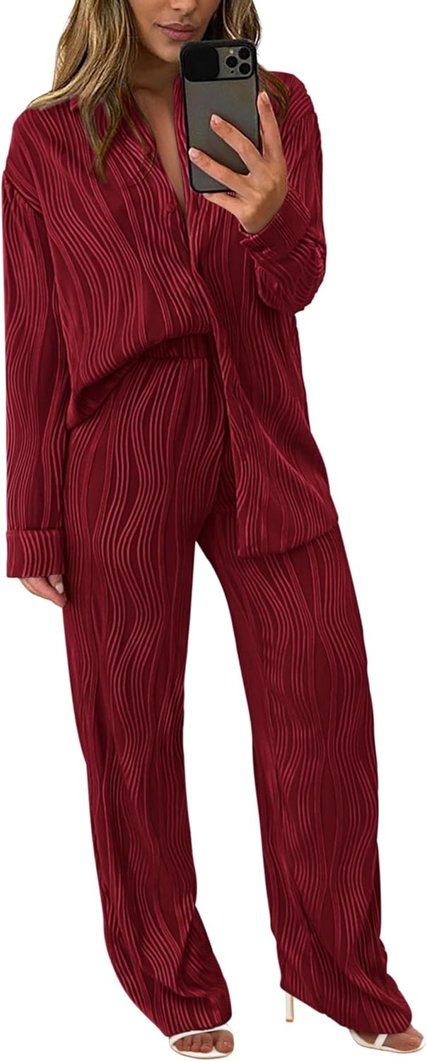 Women's 2 Piece Textured Sets Casual Button Down Shirt Wide Leg Pants Outfit Loungewear Tracksuit