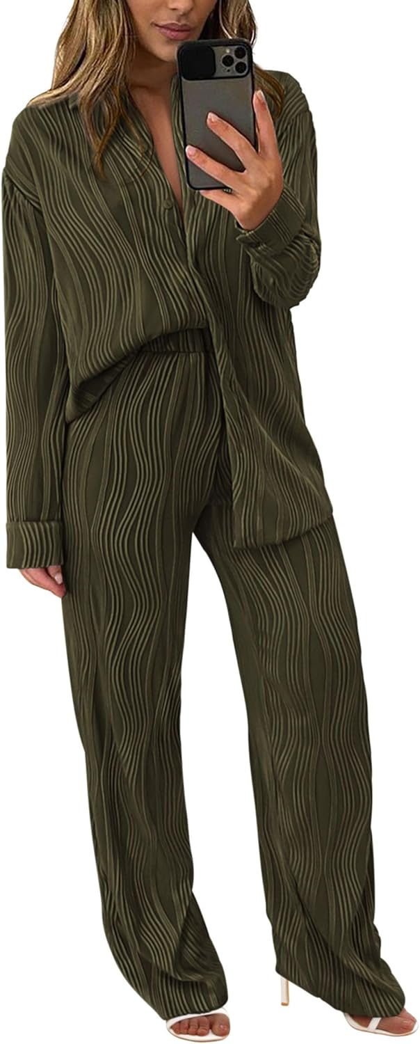 Women's 2 Piece Textured Sets Casual Button Down Shirt Wide Leg Pants Outfit Loungewear Tracksuit