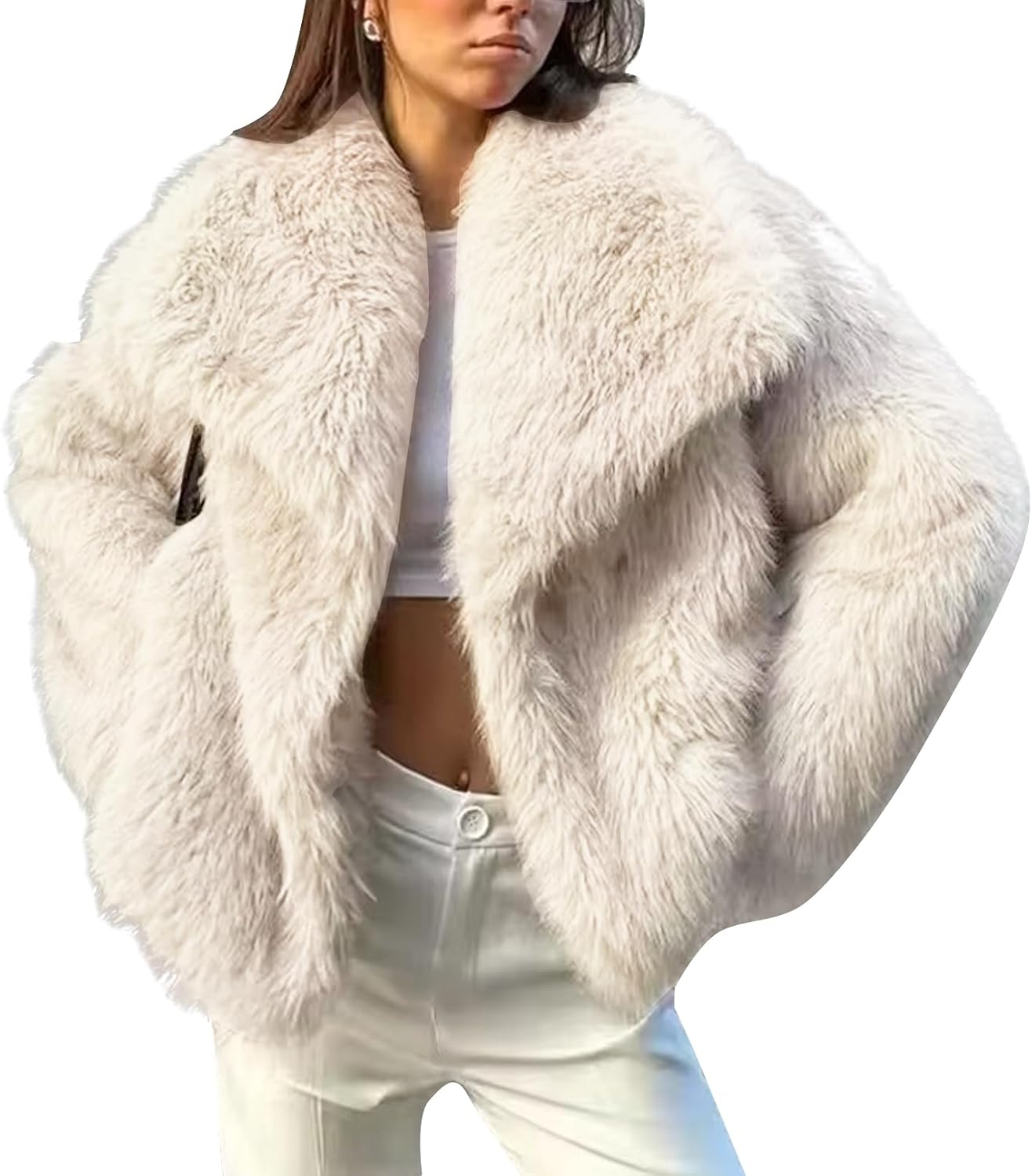 Flygo Women's Faux Fur Coat Fluffy Faux Fur Jacket Long Sleeve Lapel Furry Winter Jackets Shaggy Parka Short Coat