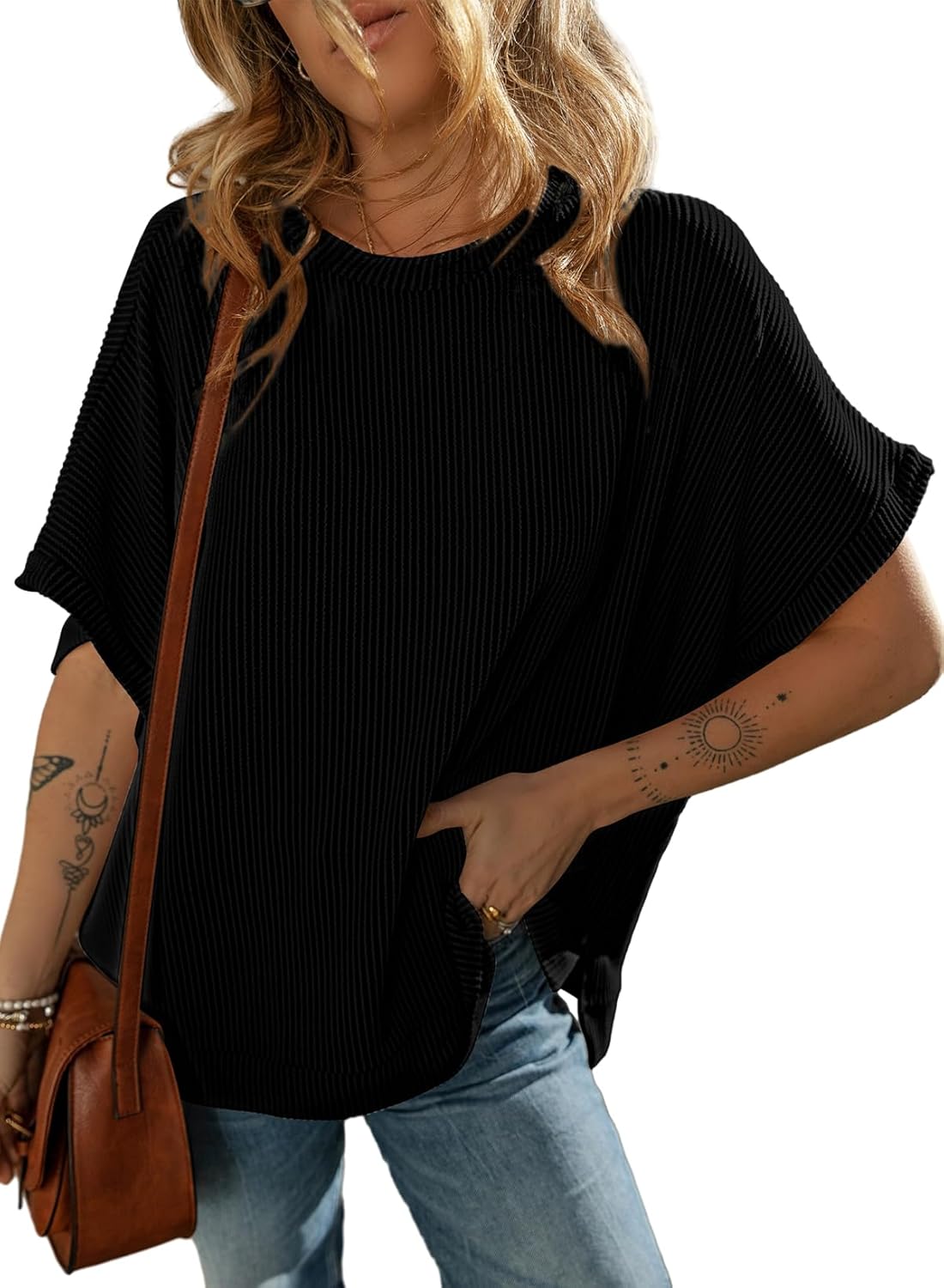 Dokotoo Women's Casual Oversized Short Sleeve Solid Color Loose Texture Knit Tunic Tops Blouses