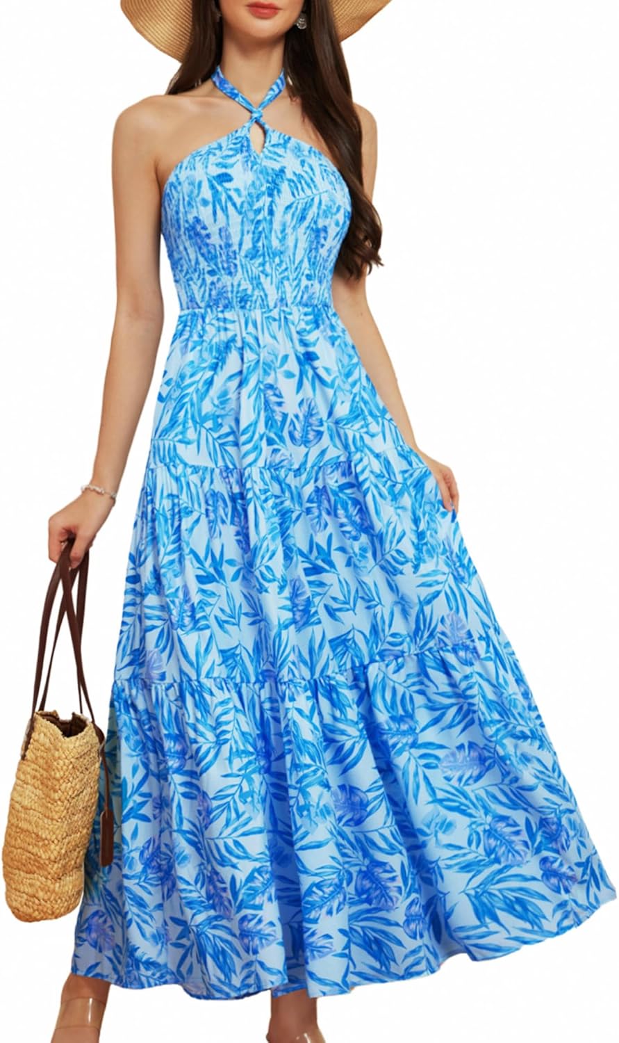 GRACE KARIN Women's Summer Dresses 2025 Halter Neck Sleeveless Smocked Backless Cut Out Floral Flowy A Line Maxi Dress