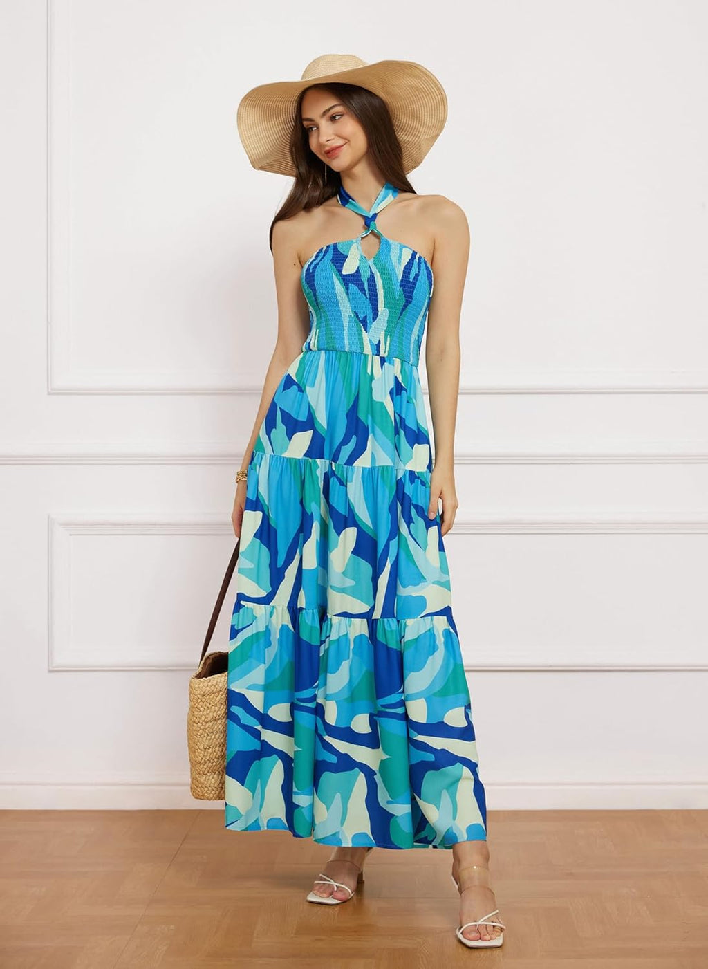 GRACE KARIN Women's Summer Dresses 2025 Halter Neck Sleeveless Smocked Backless Cut Out Floral Flowy A Line Maxi Dress