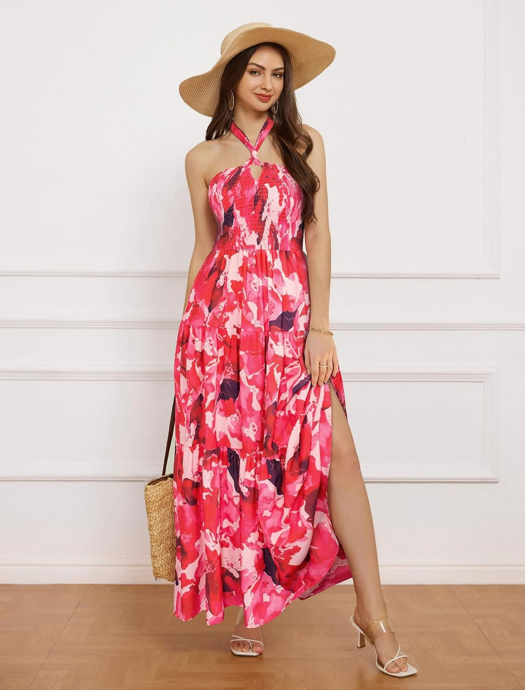 GRACE KARIN Women's Summer Dresses 2025 Halter Neck Sleeveless Smocked Backless Cut Out Floral Flowy A Line Maxi Dress