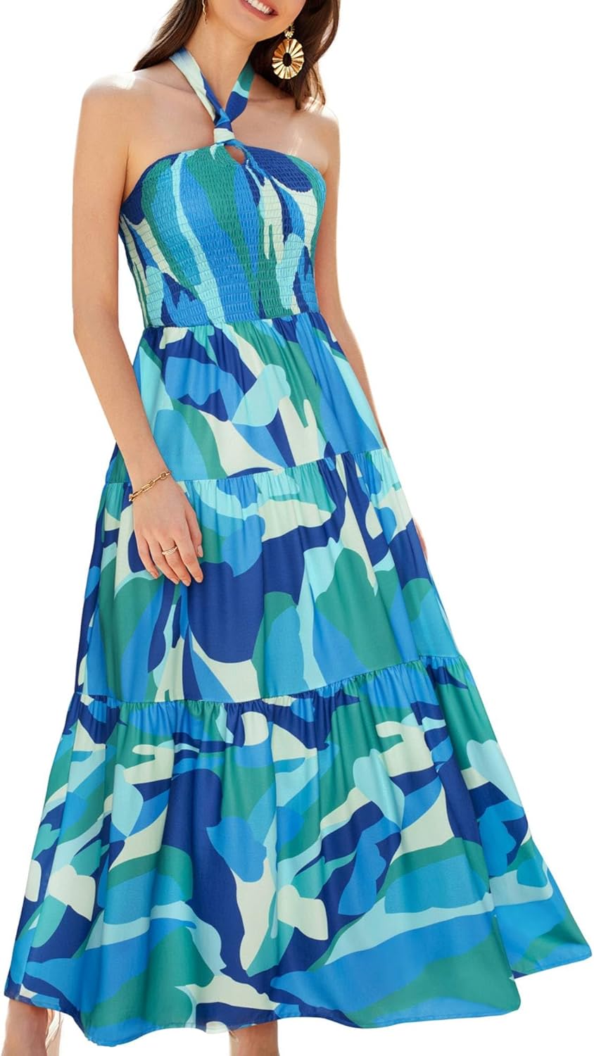 GRACE KARIN Women's Summer Dresses 2025 Halter Neck Sleeveless Smocked Backless Cut Out Floral Flowy A Line Maxi Dress