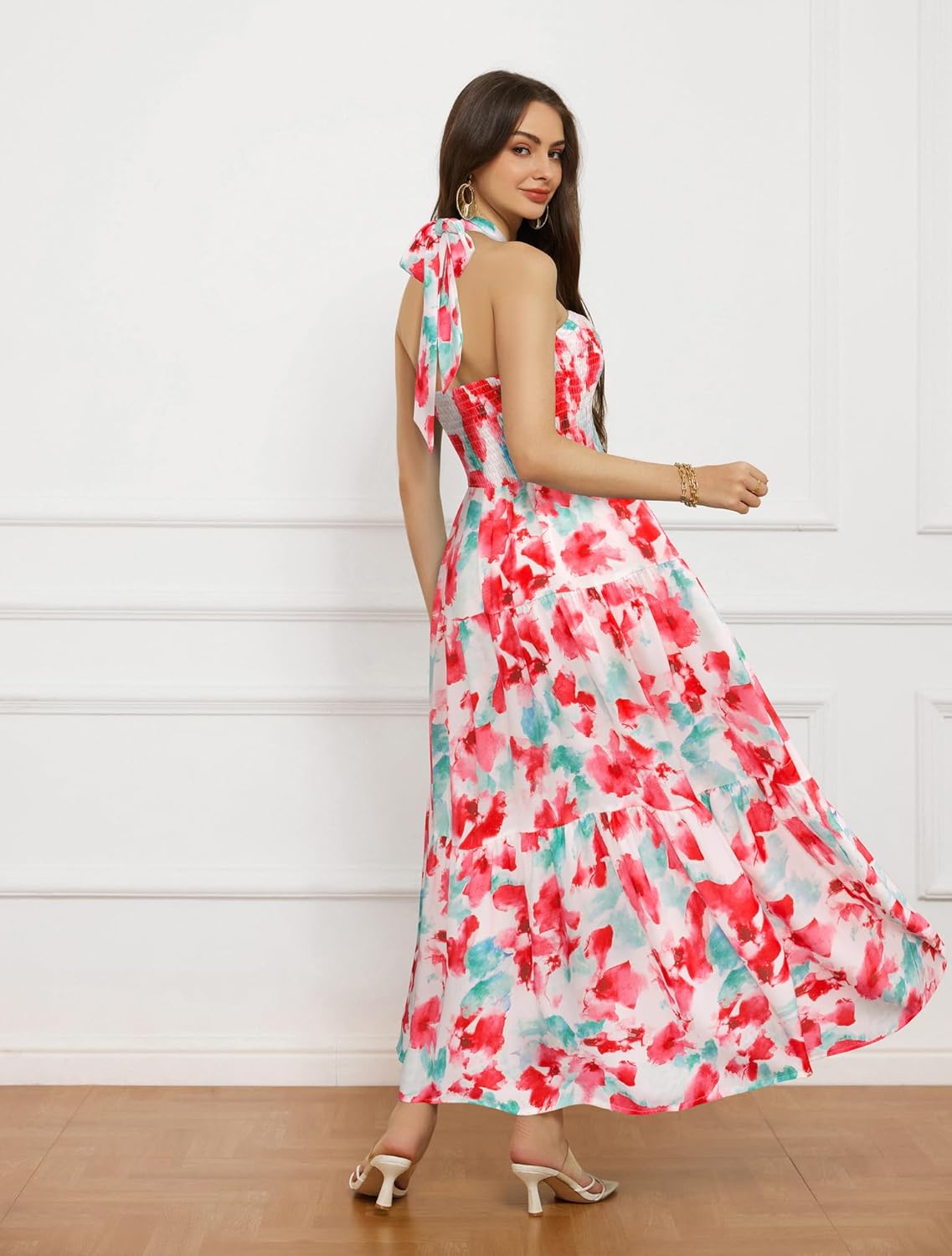 GRACE KARIN Women's Summer Dresses 2025 Halter Neck Sleeveless Smocked Backless Cut Out Floral Flowy A Line Maxi Dress