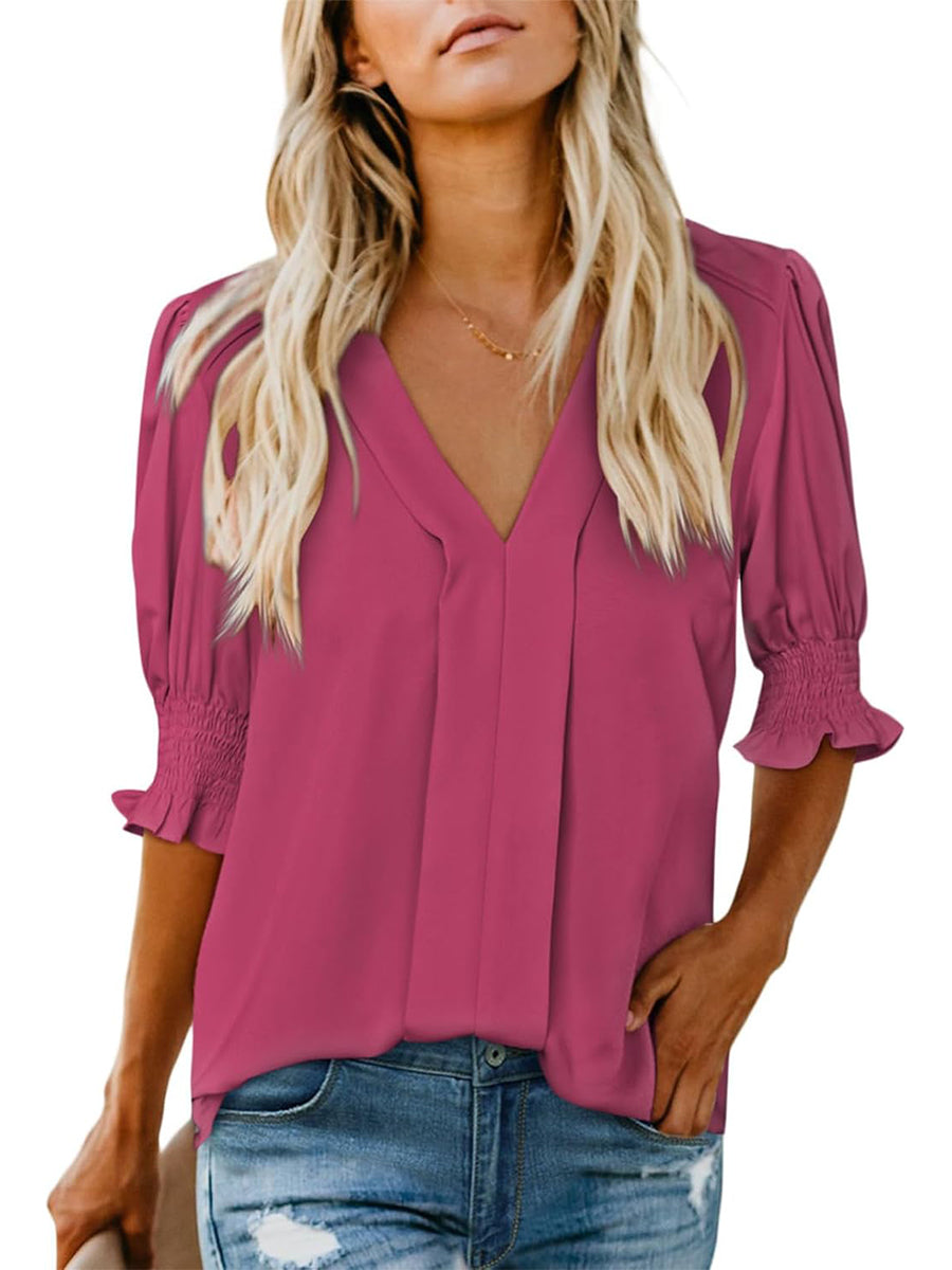 Women's Solid Casual V Neck Puff Sleeve Shirts (Buy 2 Free Shipping)