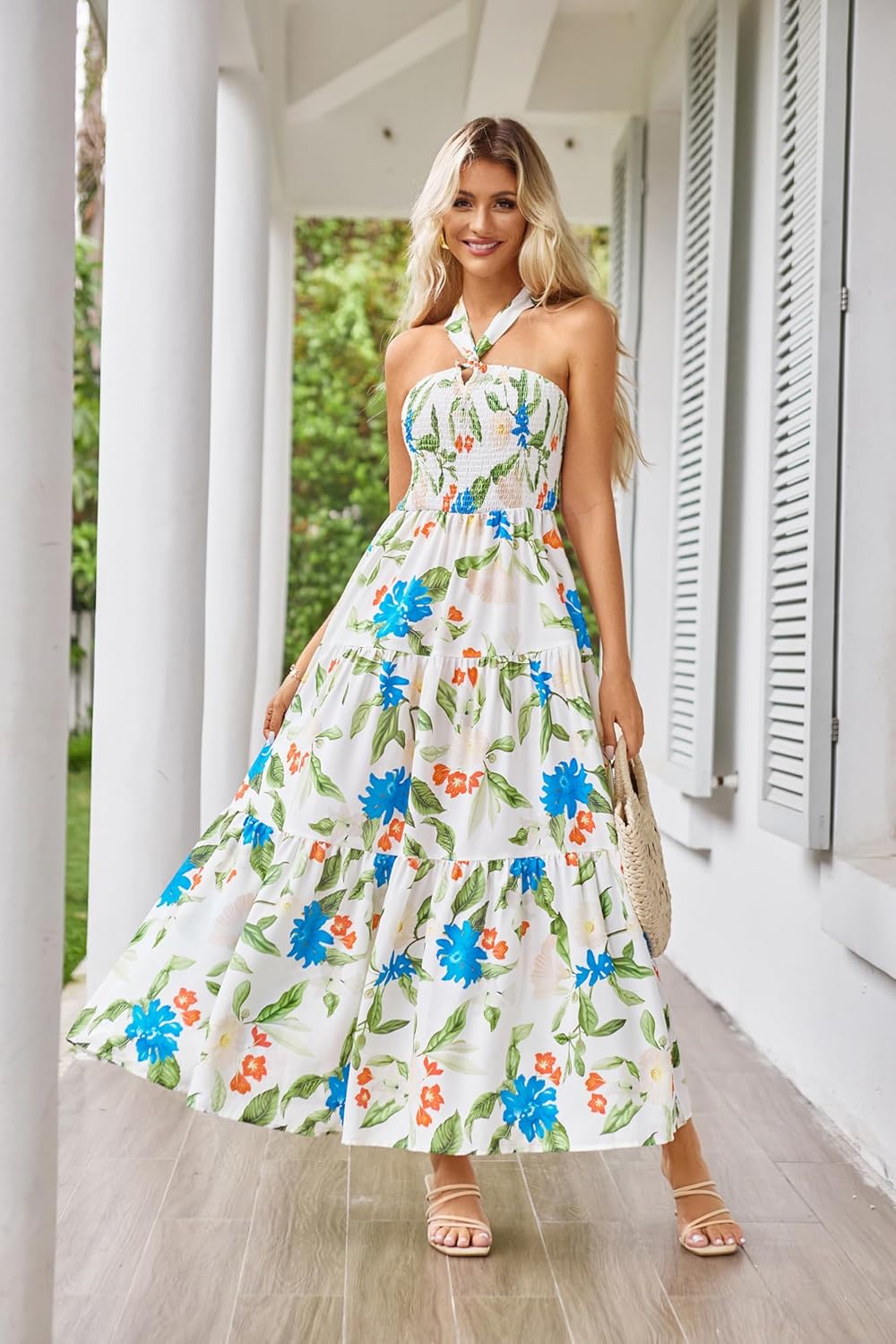 GRACE KARIN Women's Summer Dresses 2025 Halter Neck Sleeveless Smocked Backless Cut Out Floral Flowy A Line Maxi Dress