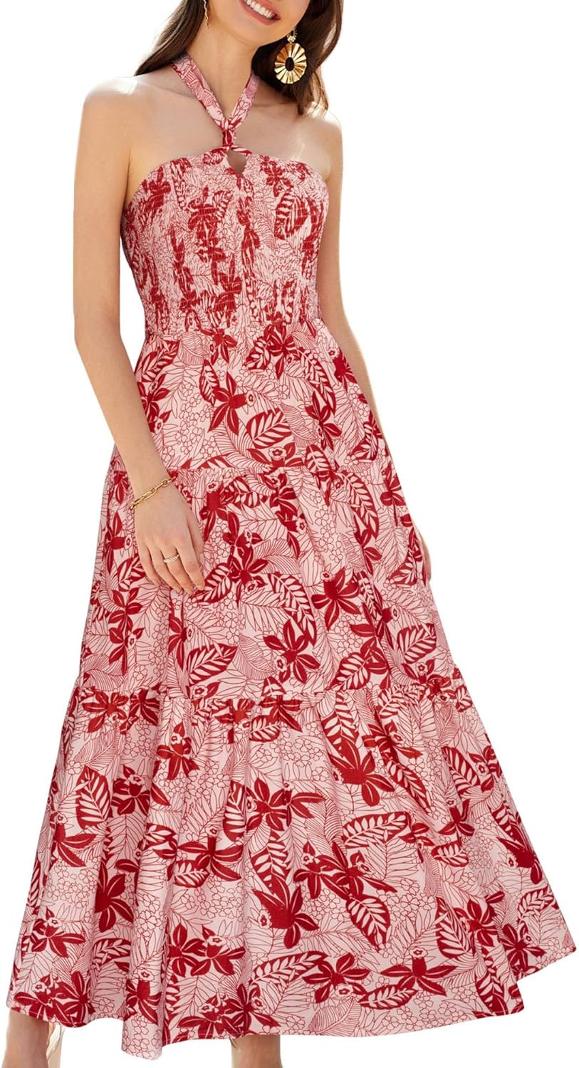 GRACE KARIN Women's Summer Dresses 2025 Halter Neck Sleeveless Smocked Backless Cut Out Floral Flowy A Line Maxi Dress