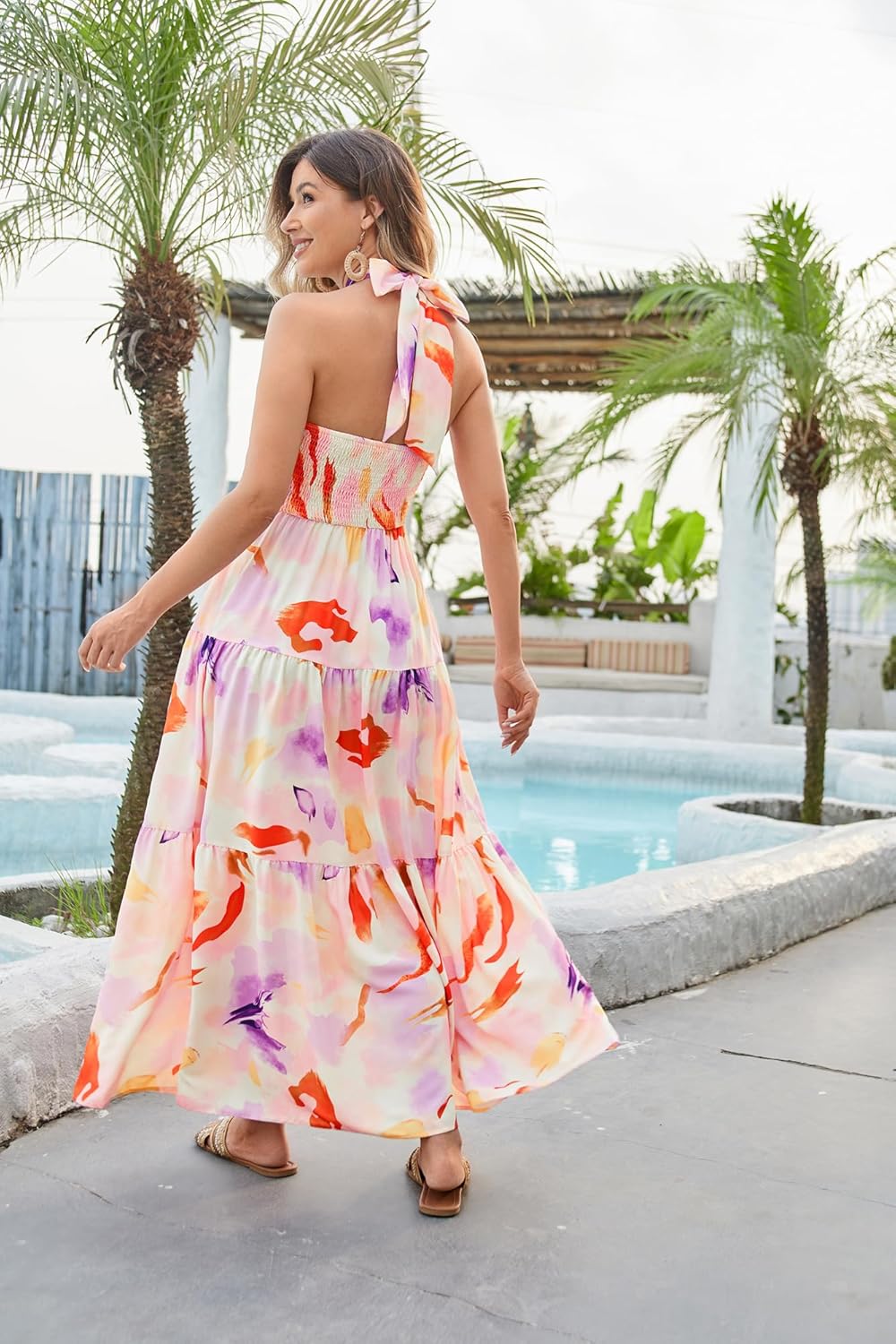 GRACE KARIN Women's Summer Dresses 2025 Halter Neck Sleeveless Smocked Backless Cut Out Floral Flowy A Line Maxi Dress