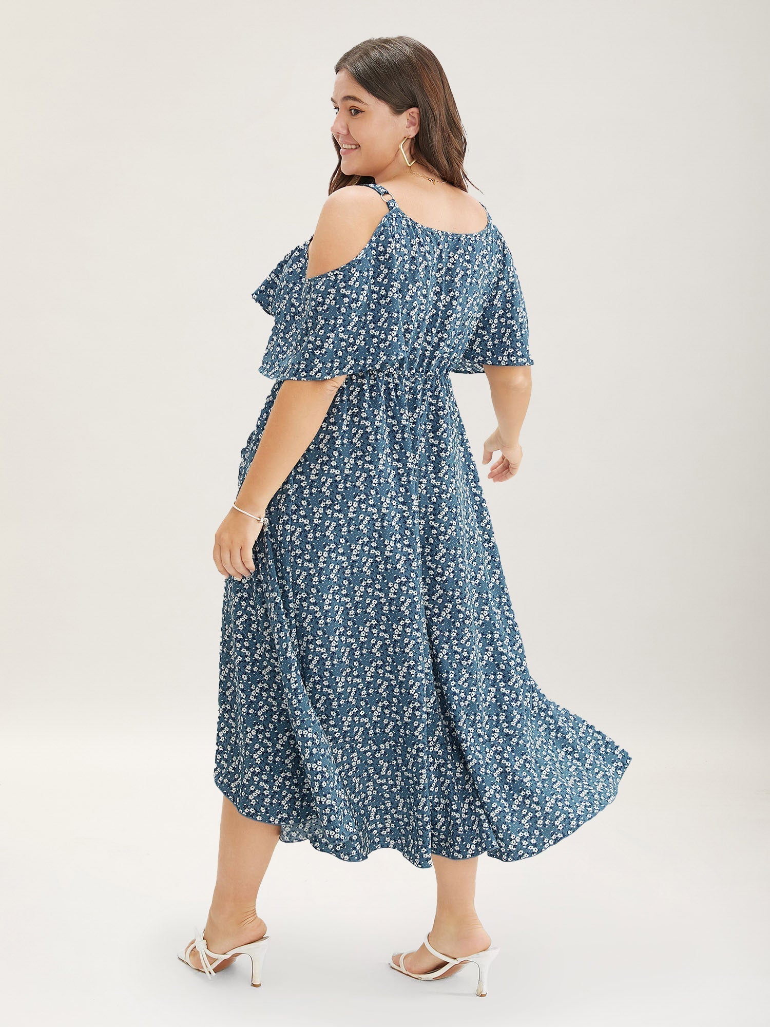 Ditsy Floral Pocket Wrap Cold Shoulder Ruffle Dress