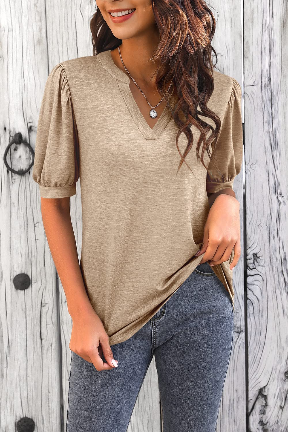 Women's V Neck Puff Sleeve Basic T-shirt (Buy 3 Free Shipping)