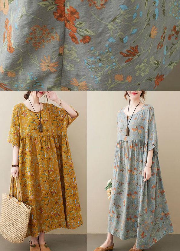 Natural  light Yellow O-Neck Pockets Print Summer Sundress