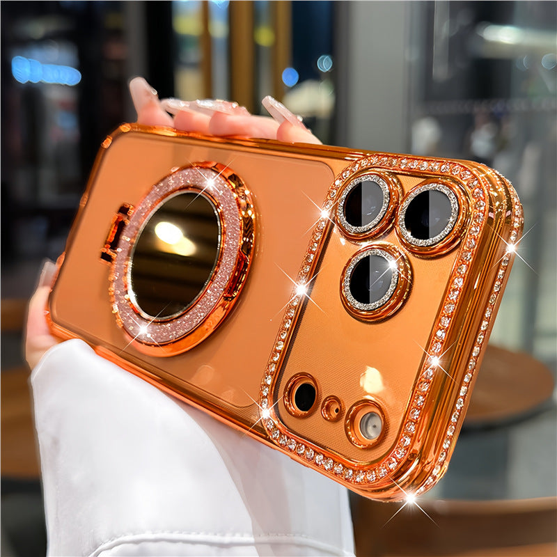 Luxury Rhinestone Transparent Phone Case with Mirror Stand for iPhone