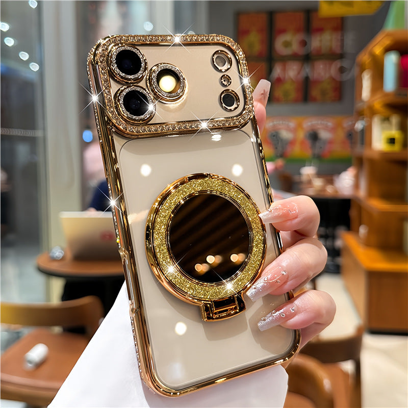 Luxury Rhinestone Transparent Phone Case with Mirror Stand for iPhone