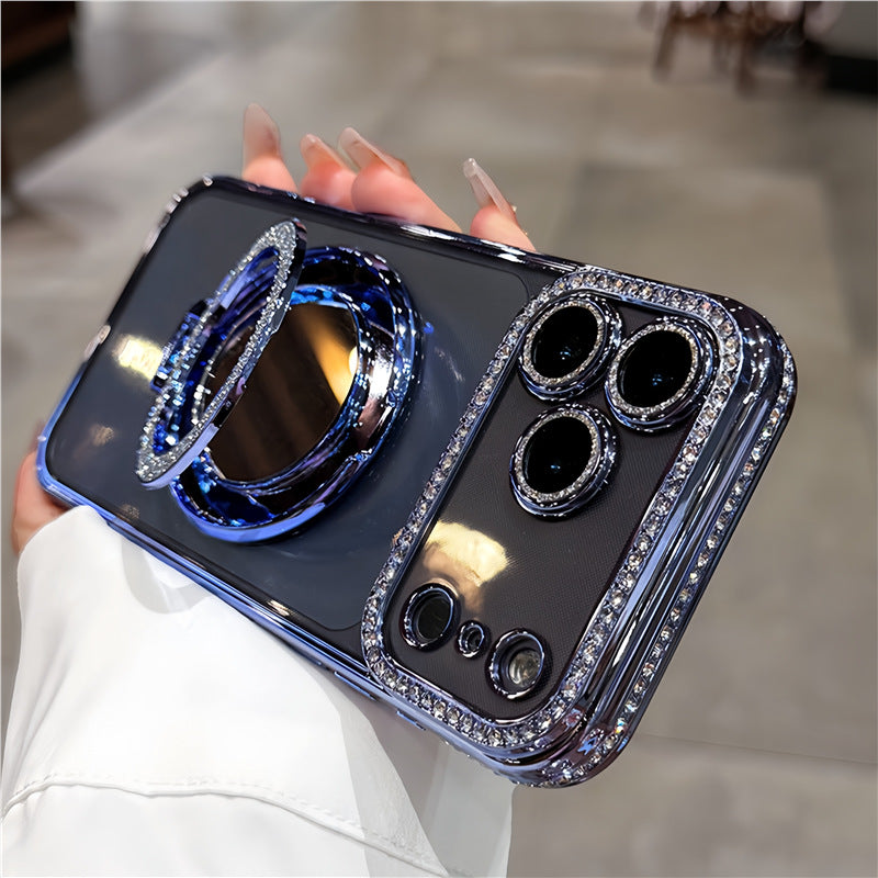 Luxury Rhinestone Transparent Phone Case with Mirror Stand for iPhone