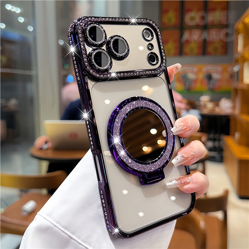 Luxury Rhinestone Transparent Phone Case with Mirror Stand for iPhone