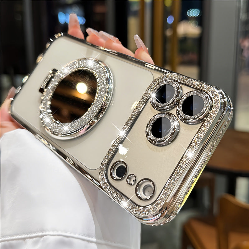Luxury Rhinestone Transparent Phone Case with Mirror Stand for iPhone