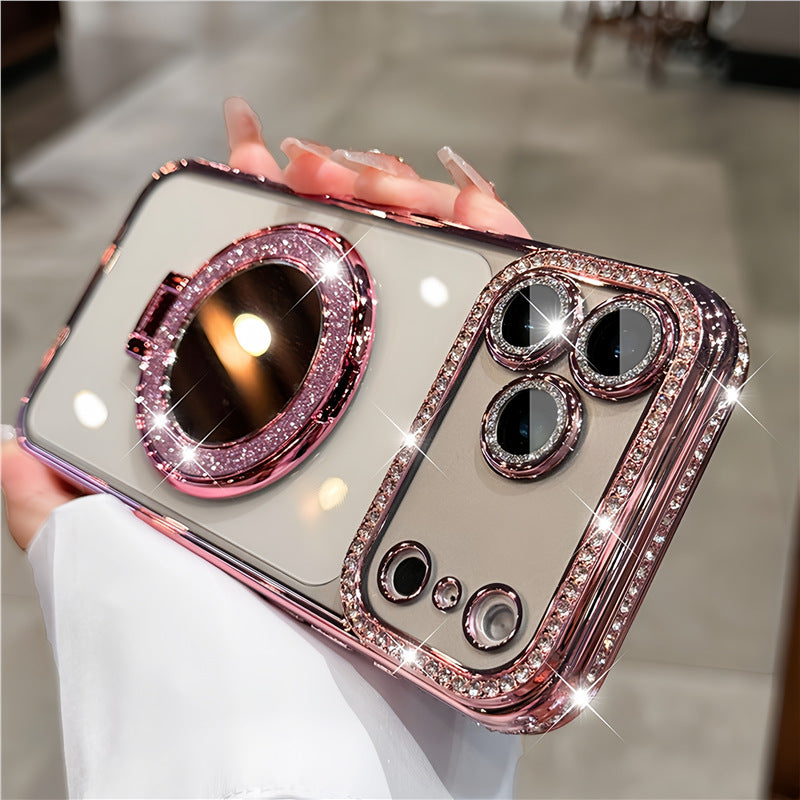 Luxury Rhinestone Transparent Phone Case with Mirror Stand for iPhone