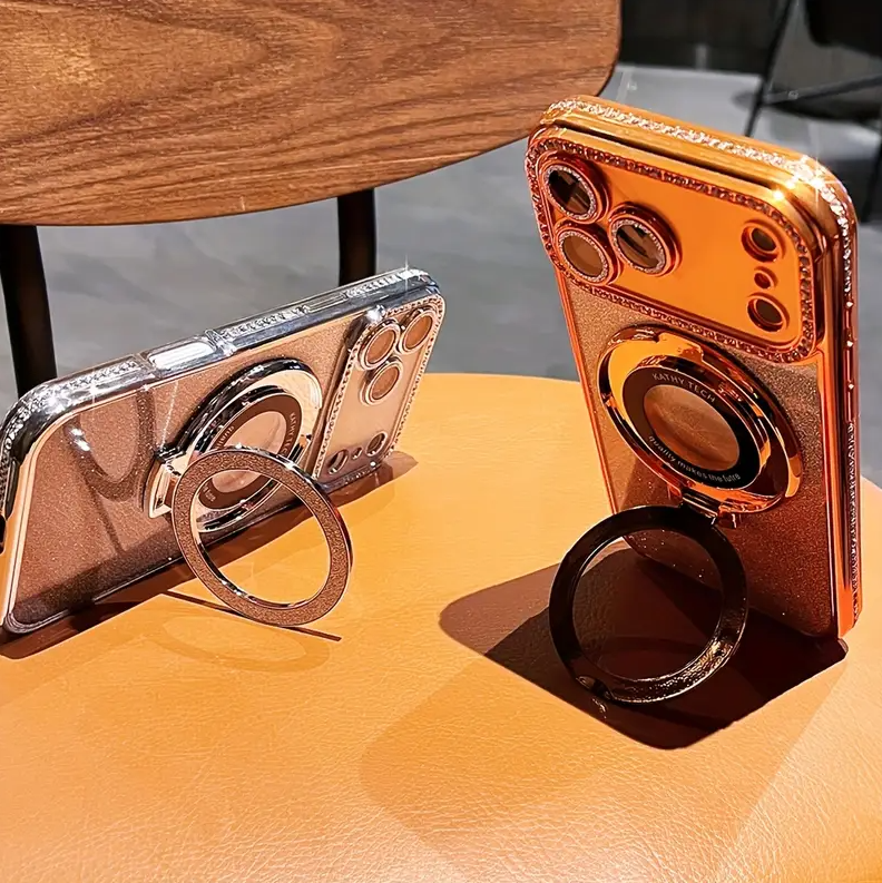 Luxury Rhinestone Transparent Phone Case with Mirror Stand for iPhone