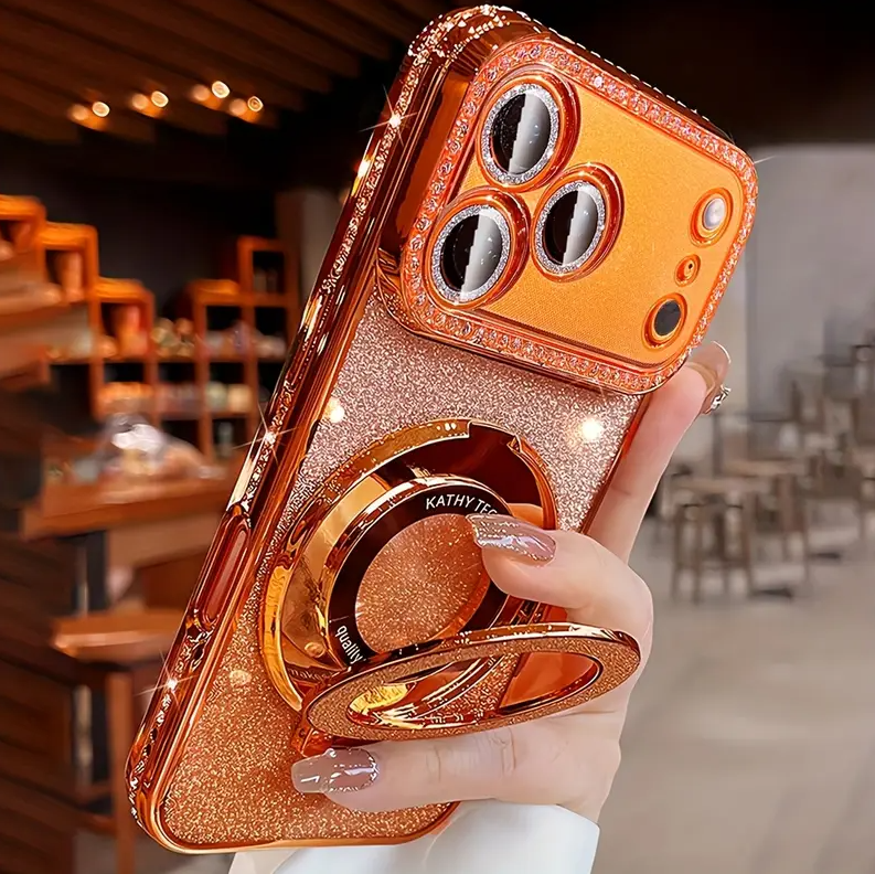 Luxury Rhinestone Transparent Phone Case with Mirror Stand for iPhone